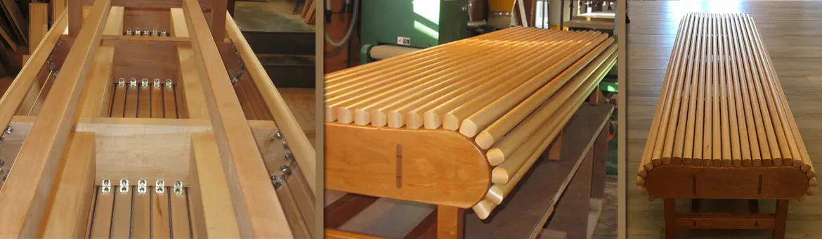 Wooden slatted bench in three perspectives.