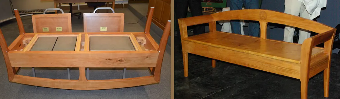 Wooden bench, front and underside views.