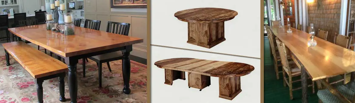 Wooden dining tables with benches and chairs.