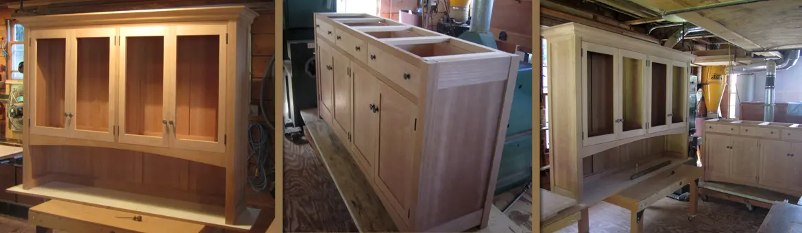 Wooden cabinets in various construction stages.