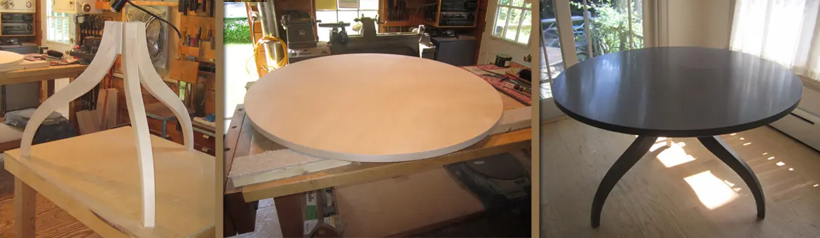 Wooden round table construction process steps.